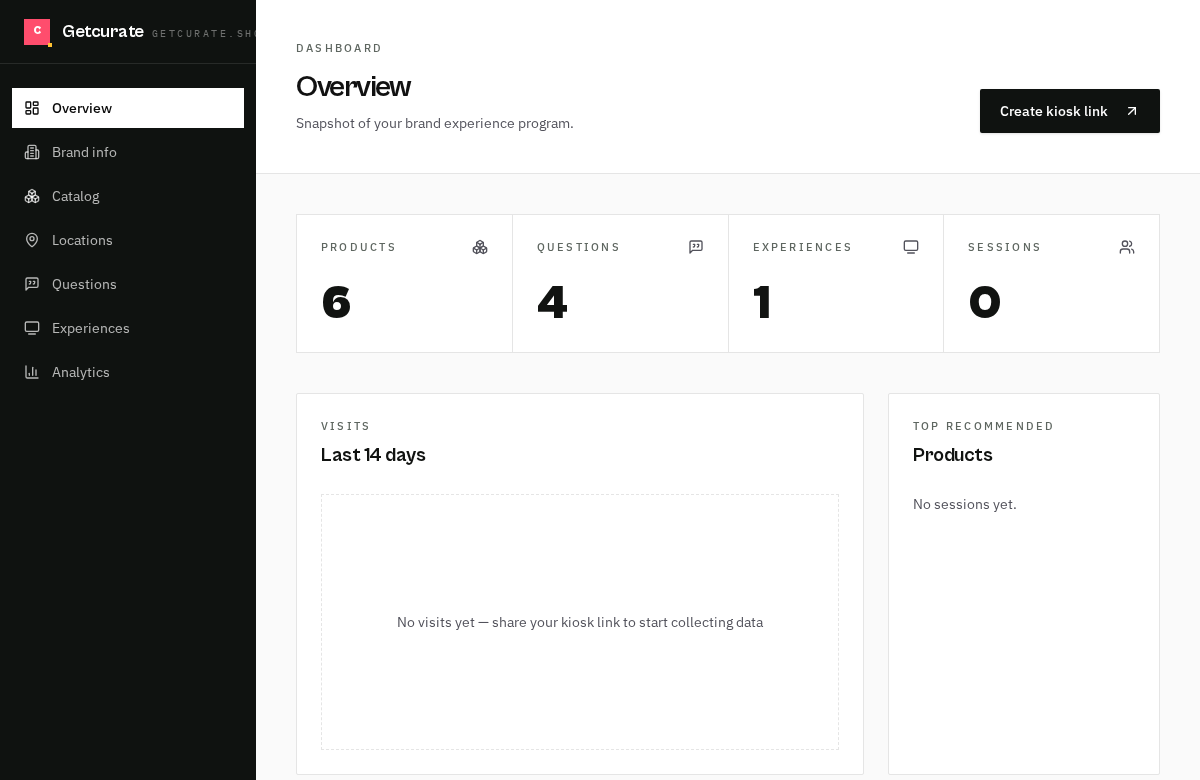 Getcurate brand dashboard showing product count, questions, experiences and session analytics