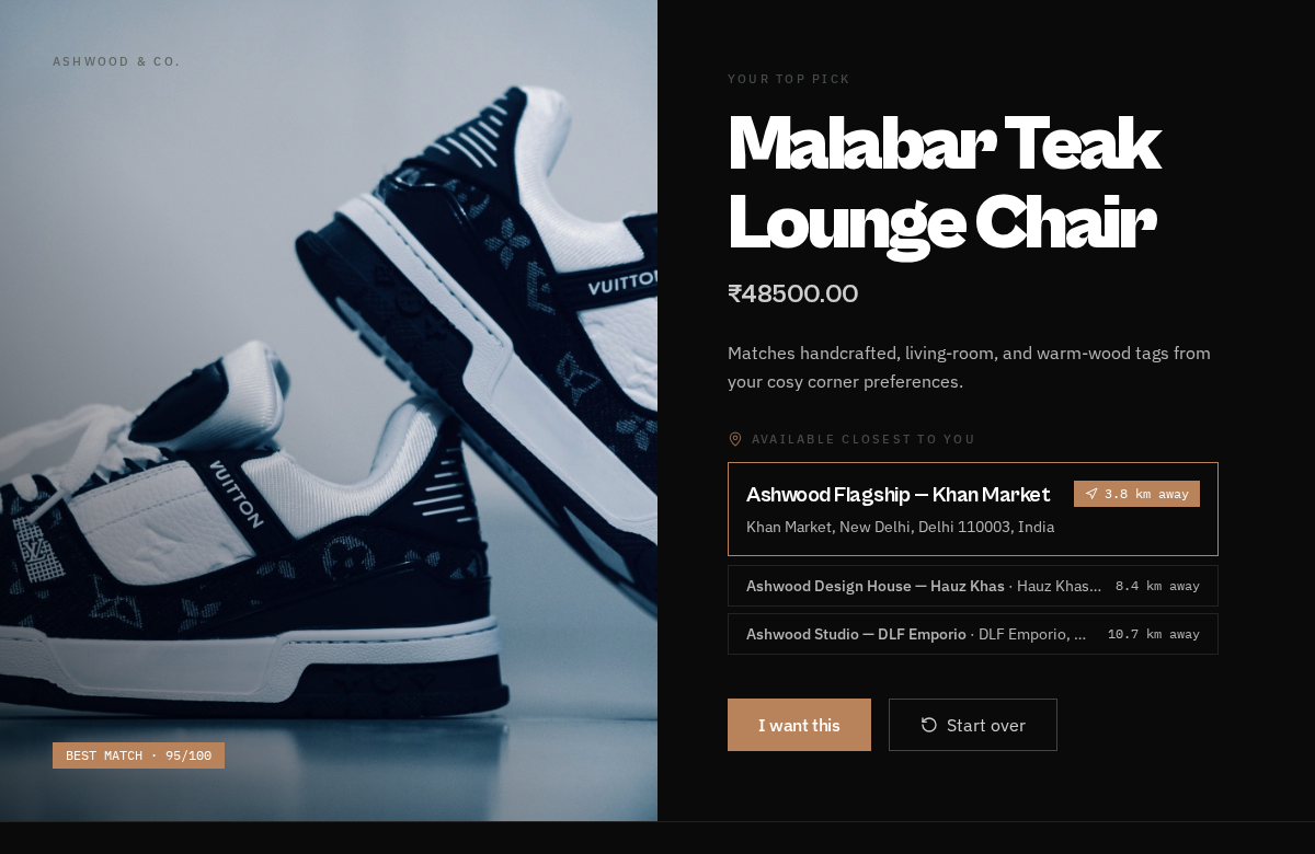 Getcurate kiosk showing an AI-recommended product with the closest store to the customer